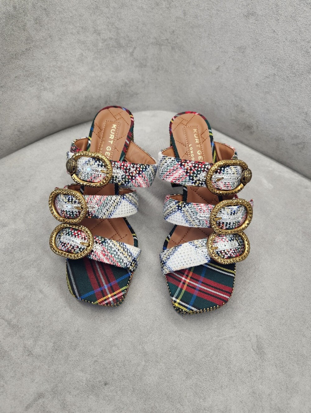Kurt Geiger Heeled Mules 8 Plaid Mayfair Buckle Chunky Platform Sandal New $245
